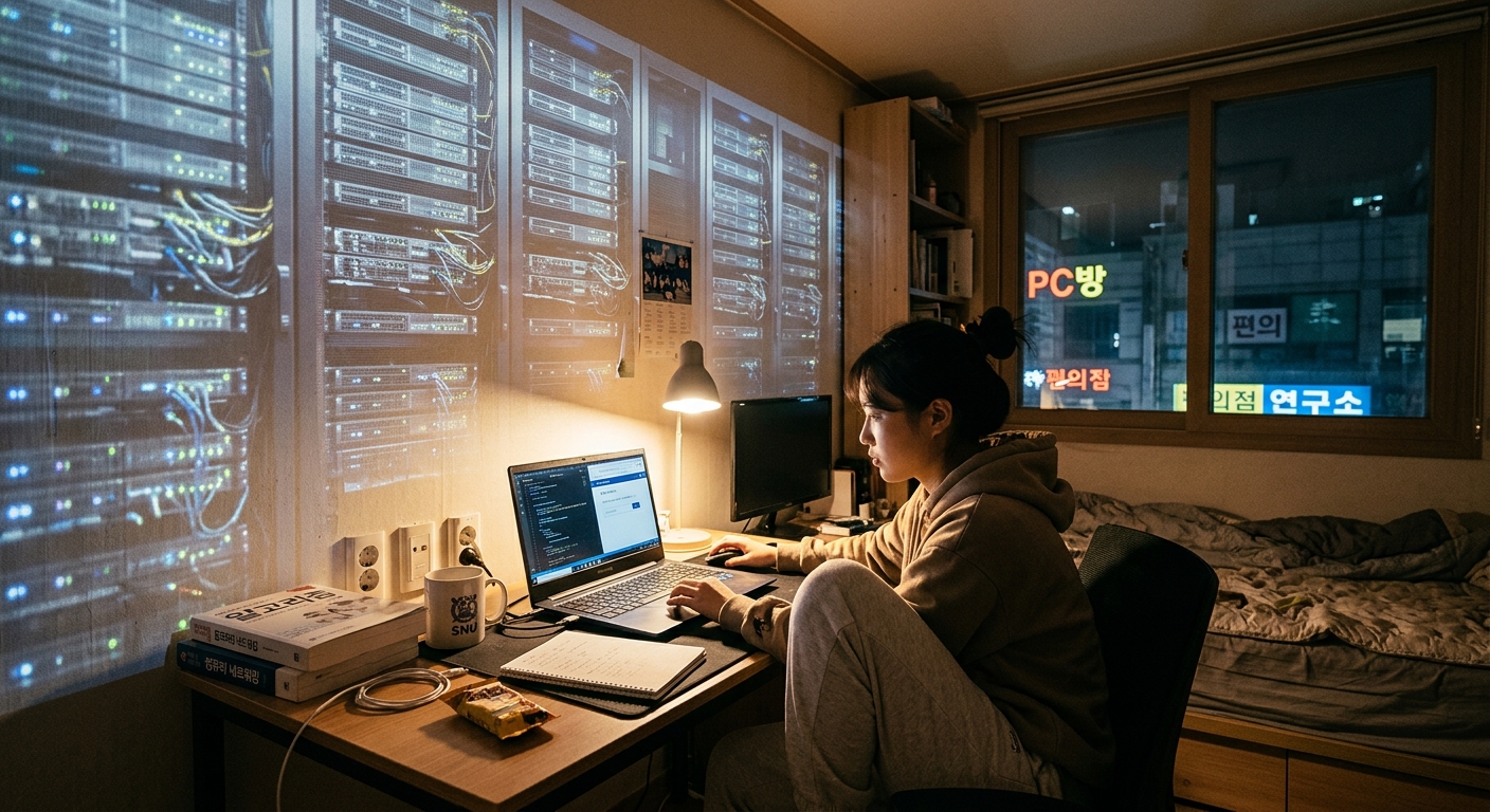 평범한 원룸 책상 위 노트북 한 대와, 그 뒤로 상상 속 거대한 서버랙이 반투명하게 겹쳐 보이는 대비 구도, 현실과 이상의 격차를 표현, 따뜻한