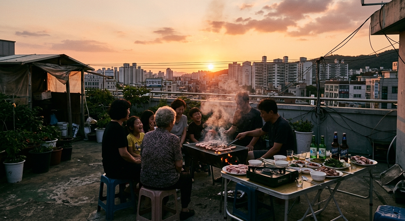 傍晚頂樓中庭的烤肉遠景，炭火上的肉、折疊桌、圍坐的三代同堂剪影，桌邊放著綠色酒瓶