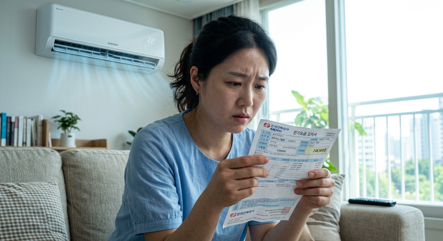 한여름 거실에서 벽걸이 에어컨을 켜 놓고 소파에 앉아 종이 전기요금 고지서를 들여다보며 한숨 쉬는 30대 여성. 창밖은 쨍한 햇빛, 실내는 시원