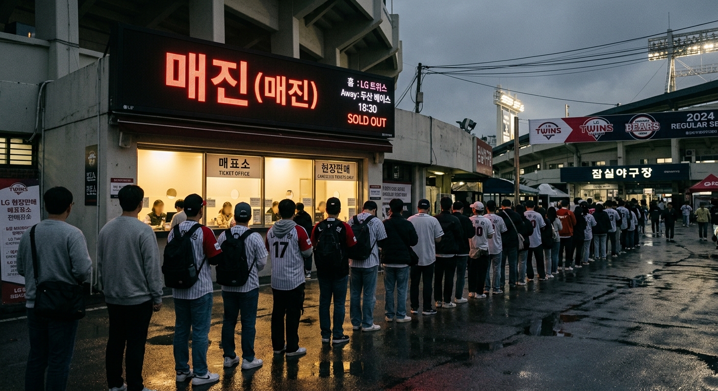 Evening scene outside a ballpark box office with a red SOLD OUT sign glowing on the display board, jersey-wearing fans lined up in the distance seen from behind