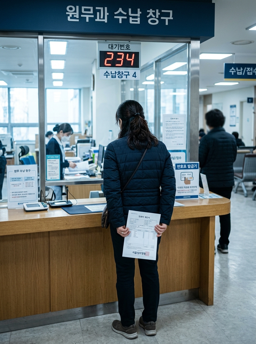 병원 원무과 수납 창구 앞에 선 40대 보호자의 뒷모습, 손에 든 진료비 계산서 한 장을 내려다보는 자세, 창구 유리에 흐릿하게 비친 대기 번호