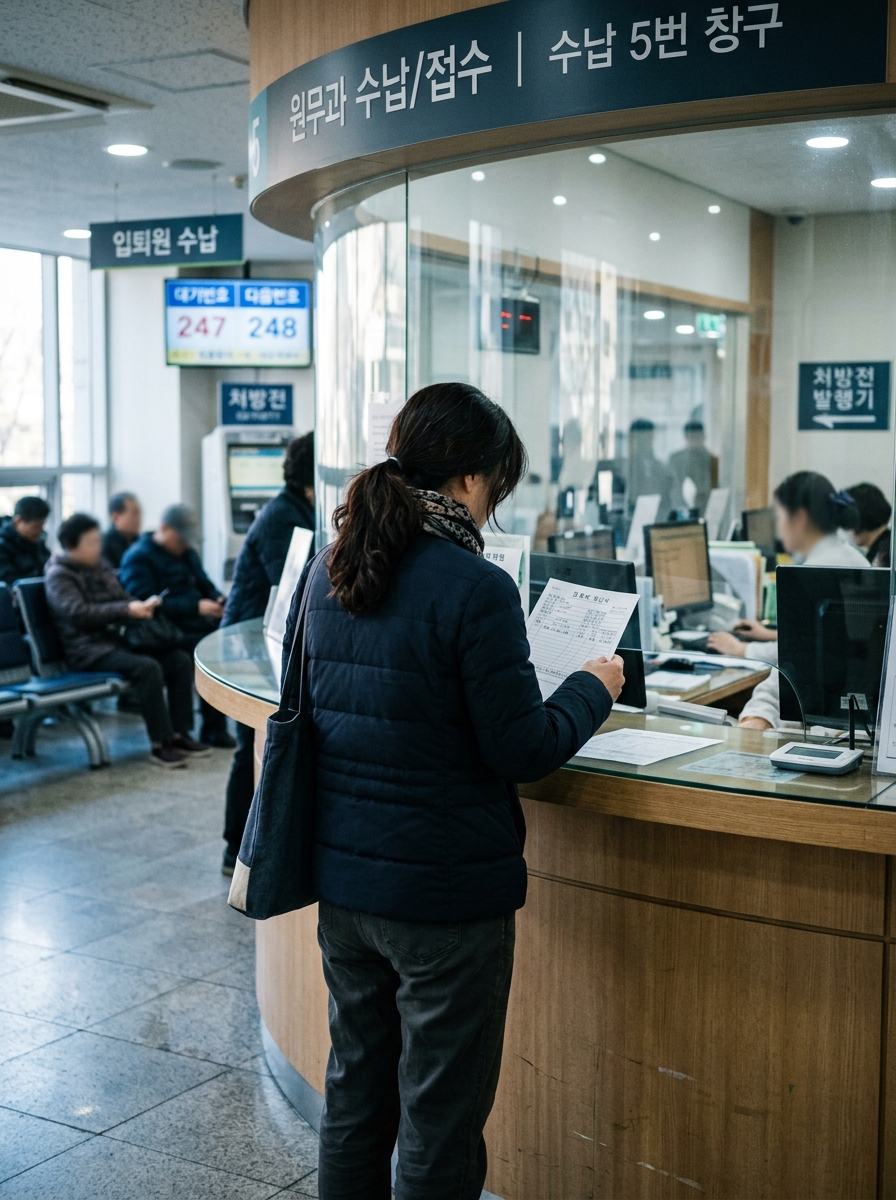 병실 침대 옆 이동식 테이블 위에 놓인 진단서와 입원확인서, 통장, 볼펜, 반쯤 채워진 신청서 서류 뭉치, 창밖에서 들어오는 오후 햇살이 종이 