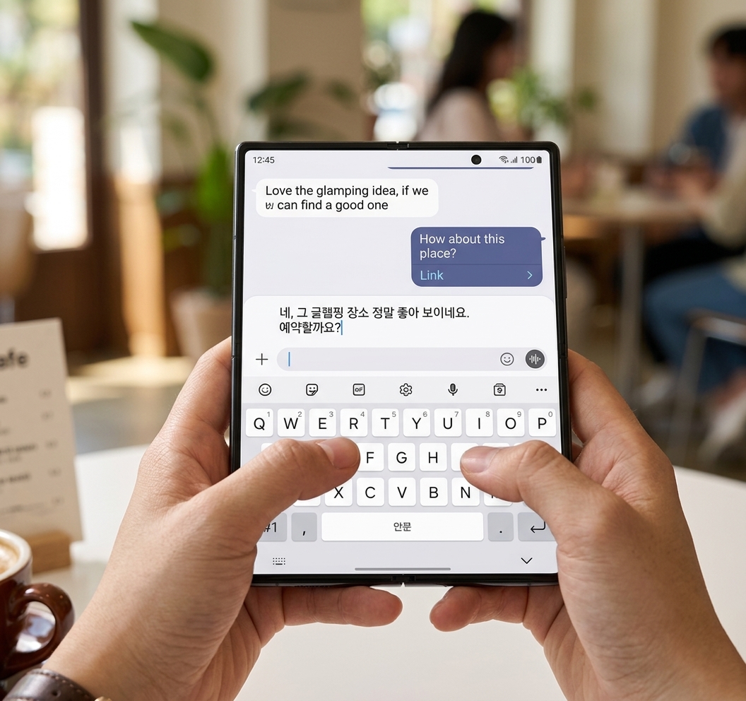 두 손으로 옆으로 넓은 폴더블폰의 커버 화면을 잡고 양쪽 엄지로 타이핑하는 손 클로즈업, 밝은 색 기기, 화면에는 문자 입력창과 키보드가 또렷하