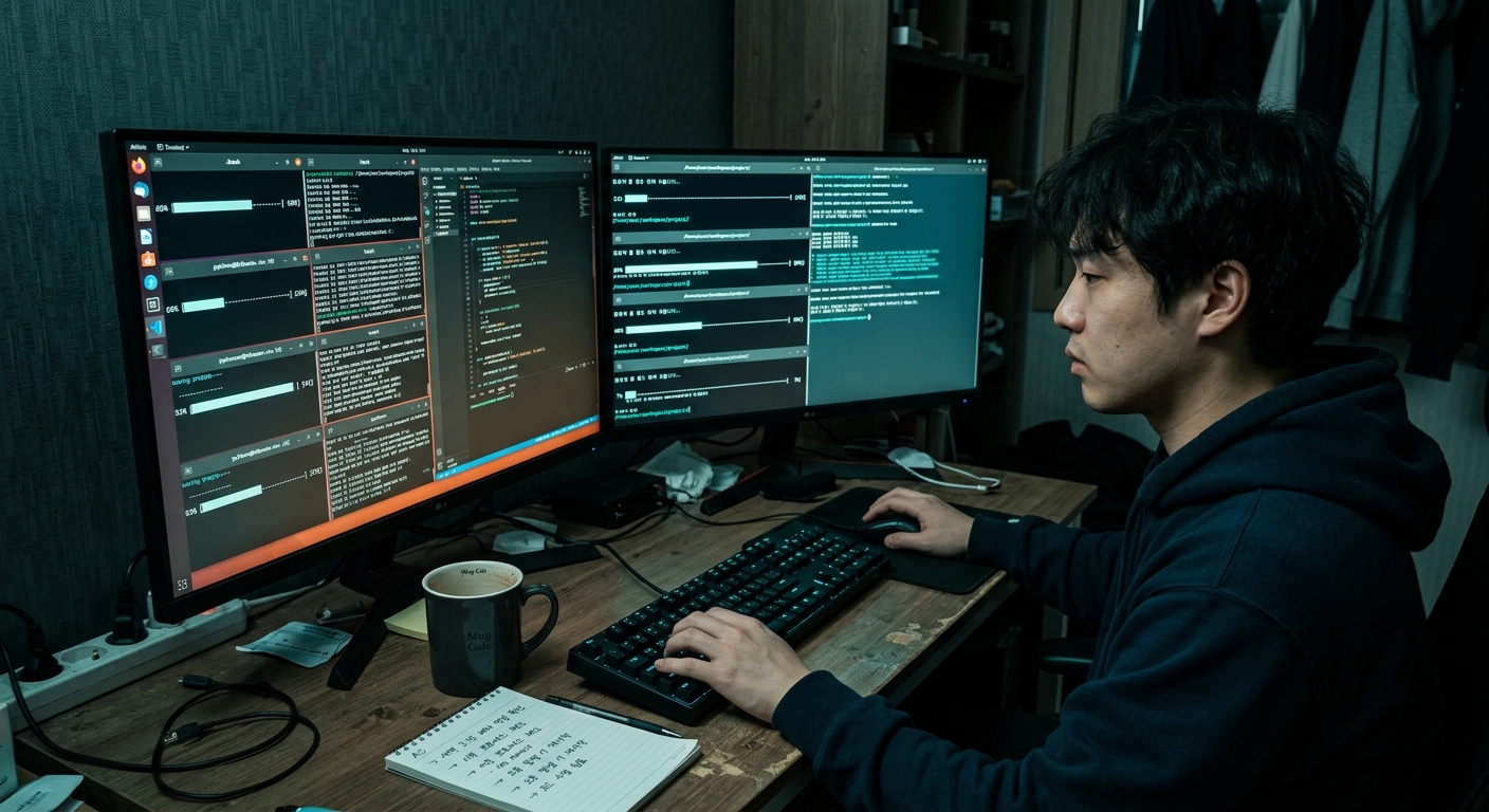 어두운 새벽 방, 모니터 두 대에 터미널 창이 여러 개 겹쳐 떠 있고 창마다 진행률 바가 제각각 다르게 차 있다. 책상 위엔 식은 커피 잔과 손