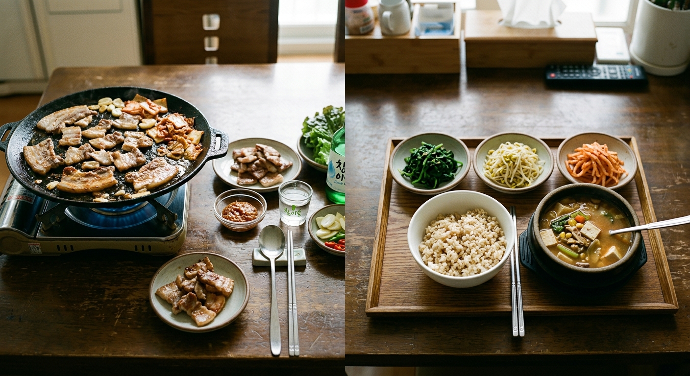 從上方俯拍的家常餐桌，左邊是滲滿油的烤五花肉盤與啤酒杯，右邊是雞胸肉、三樣青菜、半碗糙米飯和一碗清湯