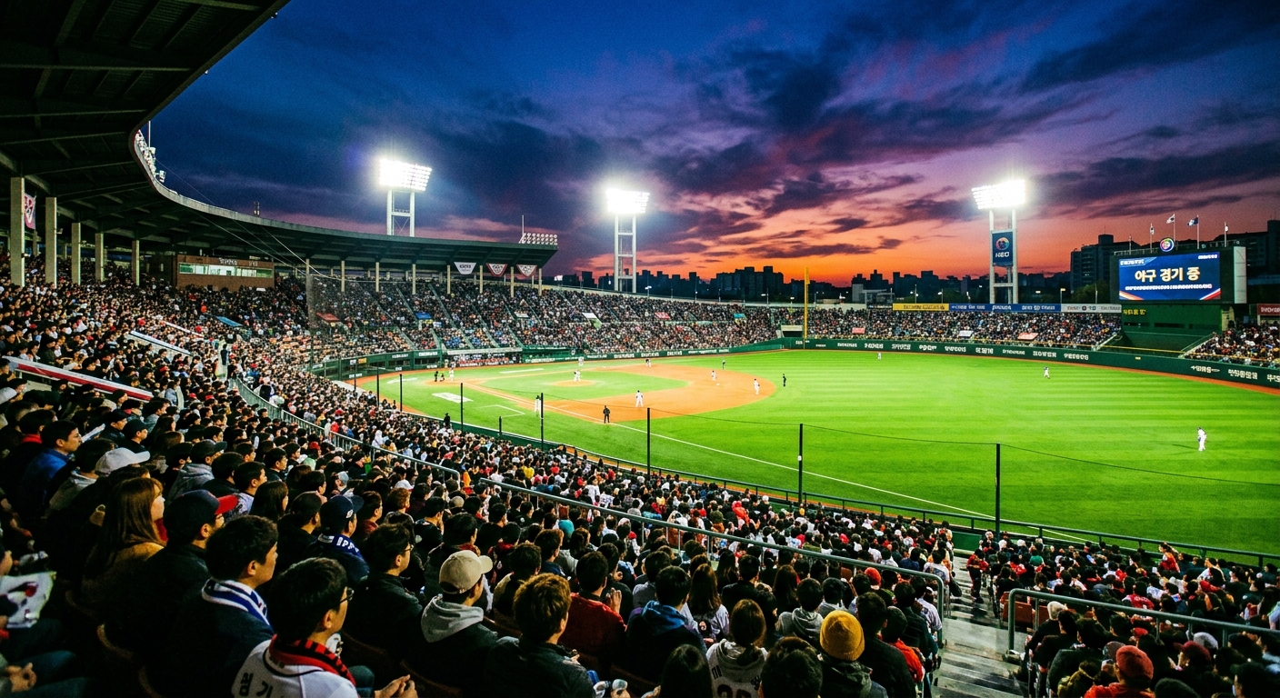 Wide view of a Korean pro baseball stadium at dusk with the lights on, shot from the upper deck behind third base, showing a packed grandstand and green outfield grass