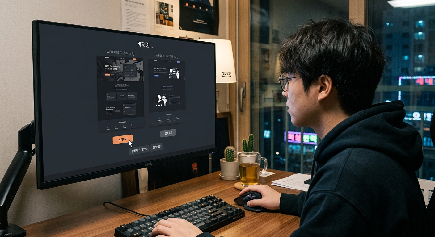 두 개의 웹사이트 화면이 위아래로 나란히 놓인 블라인드 비교 화면, 한쪽은 라벨이 가려져 있고 커서가 투표 버튼 위에 올라간 순간, 깔끔한 개발