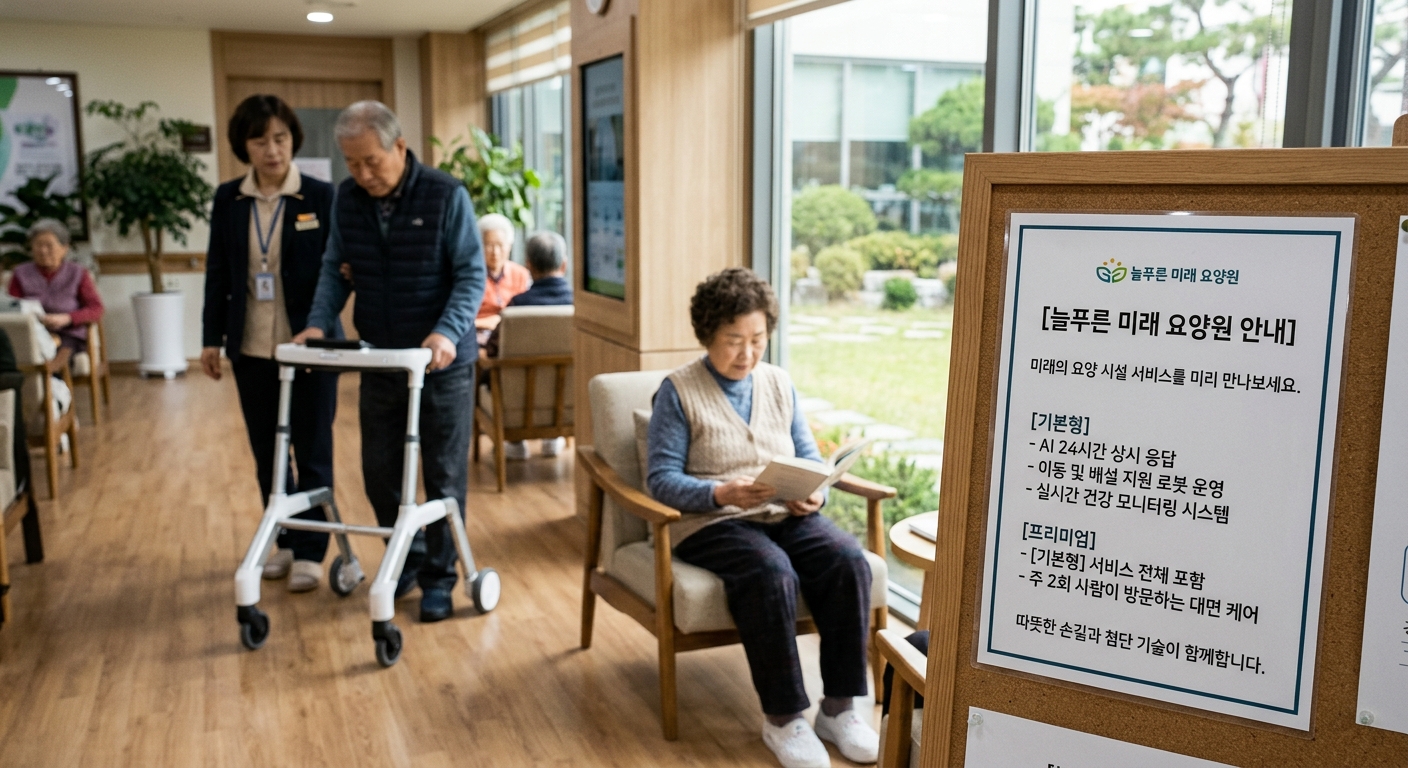 미래의 요양 시설 안내문
머지않아 이런 안내문을 보게 될 거라고 생각한다.

기본형 — AI 24시간 상시 응답, 이동·배설 지원 로봇, 실시간