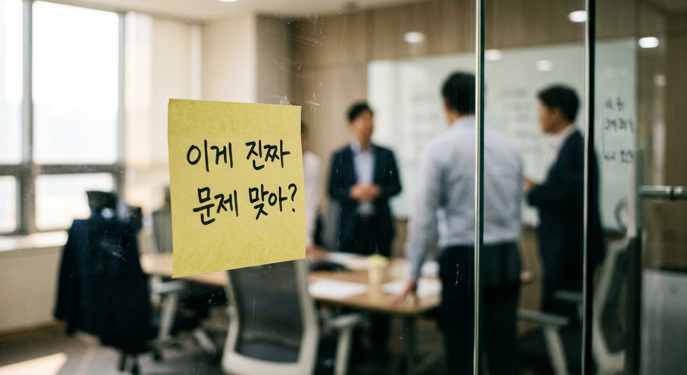 회의실 유리벽에 붙은 노란 포스트잇 한 장을 클로즈업. 손글씨로 “이게 진짜 문제 맞아?”라고 적혀 있다. 유리 너머로는 초점이 흐려진 사람 두