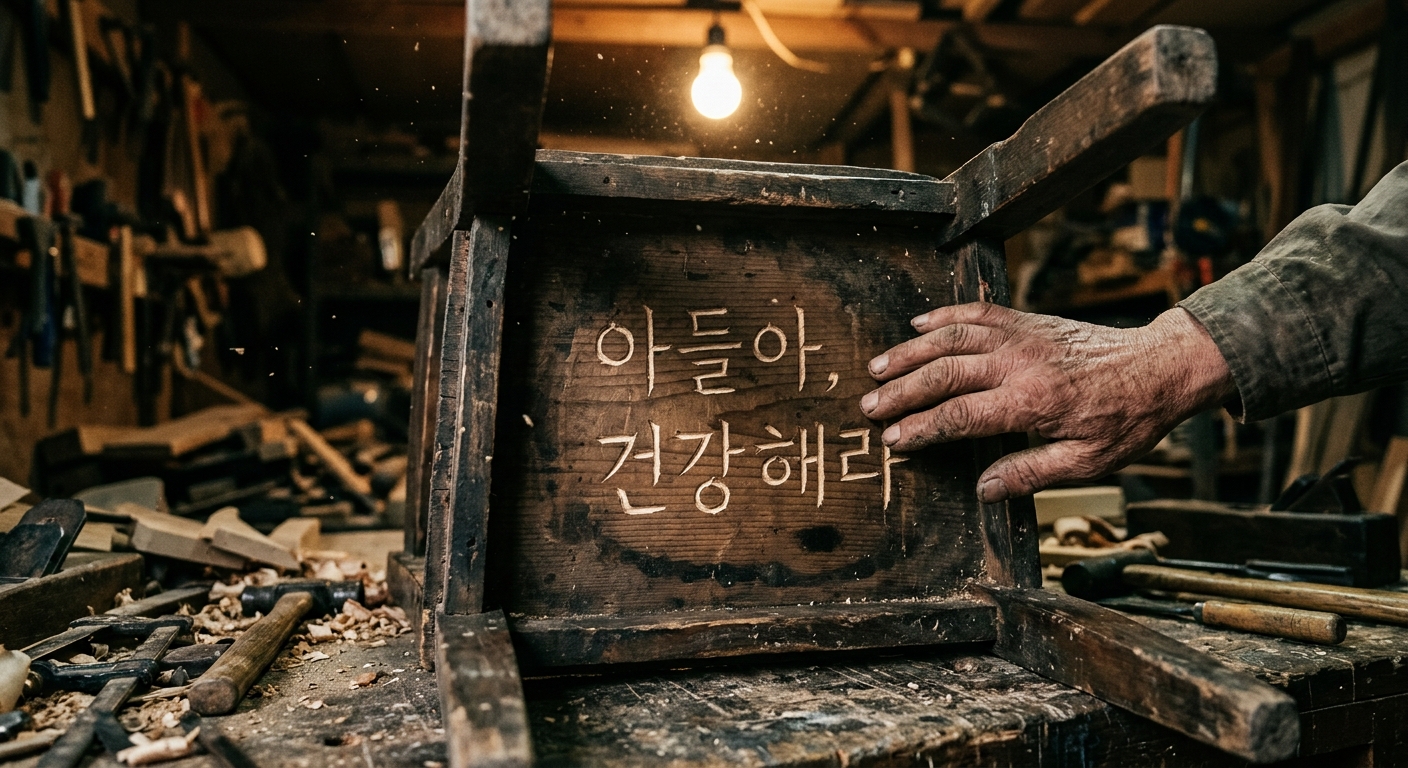 어두운 목공소 내부, 작업대 위에 뒤집혀 놓인 낡은 나무 의자. 좌판 안쪽 판재에 서툴게 끌로 파낸 한글 글씨가 얕게 남아 있고, 마디 굵고 갈