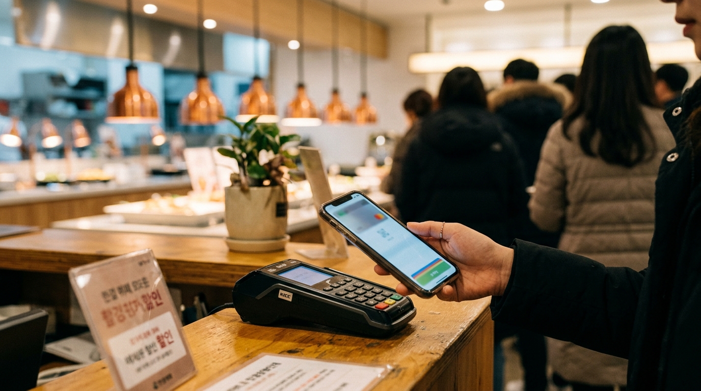 카페형 뷔페 계산대 앞. 스마트폰 결제 화면을 든 손과 카운터 위 카드 단말기가 화면 중앙에 놓이고, 뒤로는 초점이 날아간 대기 줄과 따뜻한 펜