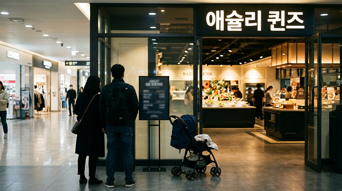 평일 오후, 대형 쇼핑몰 안 애슐리 뷔페 입구. 유리문 너머로 샐러드바 조명이 따뜻하게 번지고, 유모차를 세워둔 부부가 입구 요금 안내판을 올려