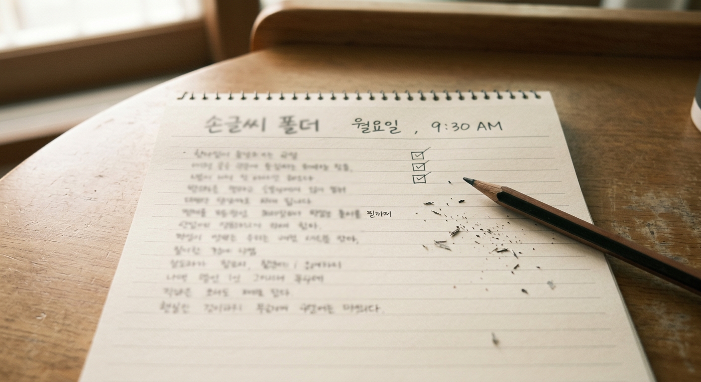 책상 위에 펼쳐진 노트 한 페이지를 위에서 내려다본 컷. 손글씨로 폴더 이름 하나와 요일, 시각이 적혀 있고 옆에 체크박스 세 개가 그려져 있다