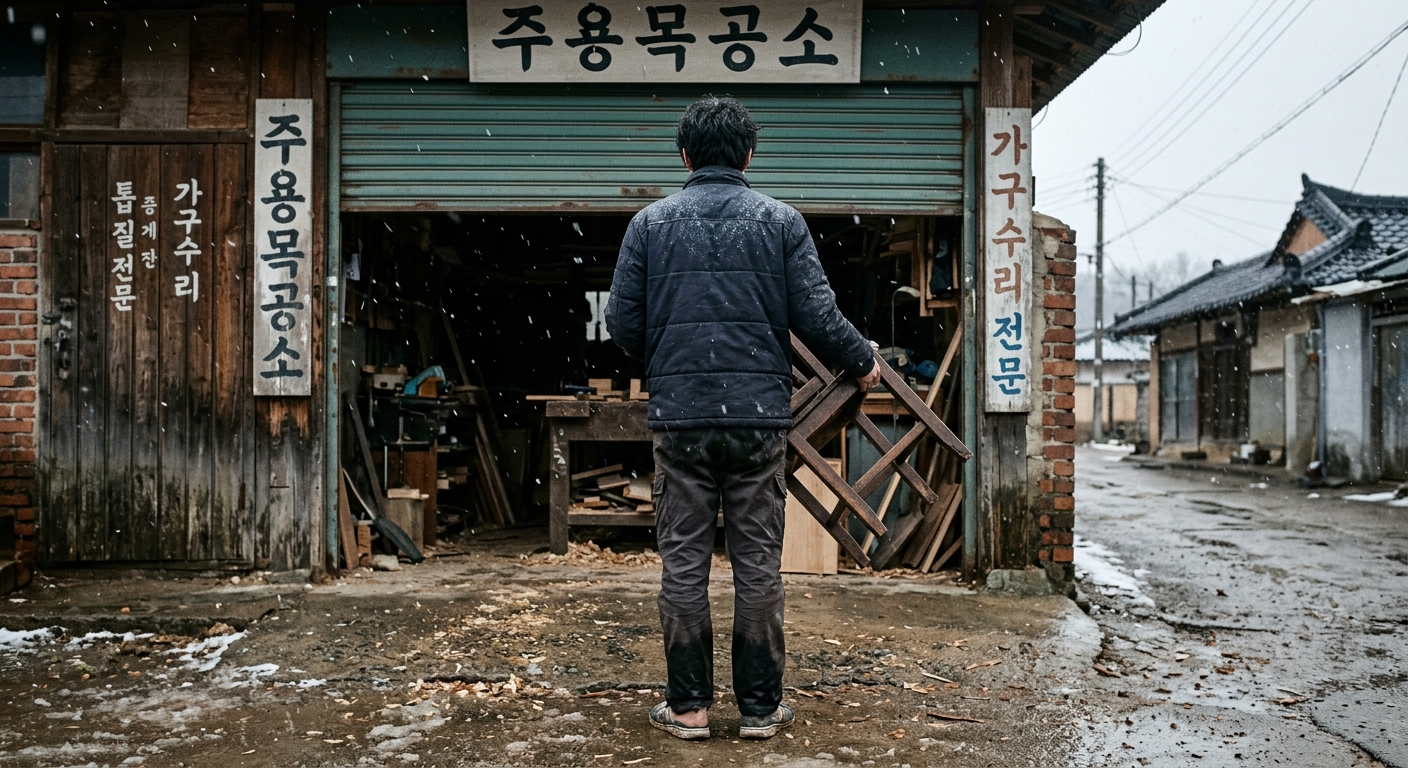 비 섞인 눈이 흩날리는 겨울 오후, 낡은 읍내 목공소의 반쯤 올라간 초록색 셔터 앞. 다리 하나가 부러진 나무 의자를 두 팔로 끌어안고 선 열아