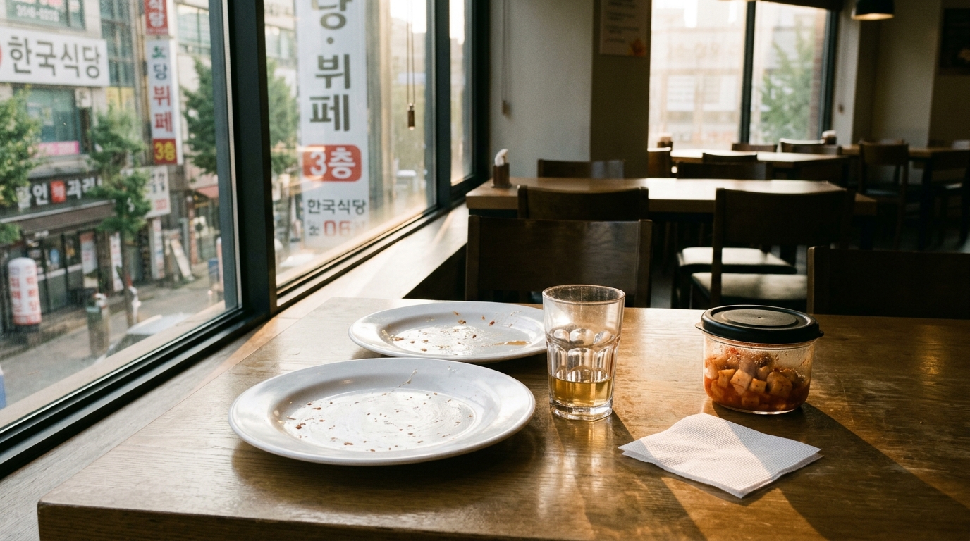 뷔페 테이블 위에 놓인 빈 접시 두 장과 반쯤 남은 유리컵, 그 옆에 접힌 종이 냅킨과 작은 밀폐용기가 어색하게 놓여 있다. 창밖 늦은 오후 빛