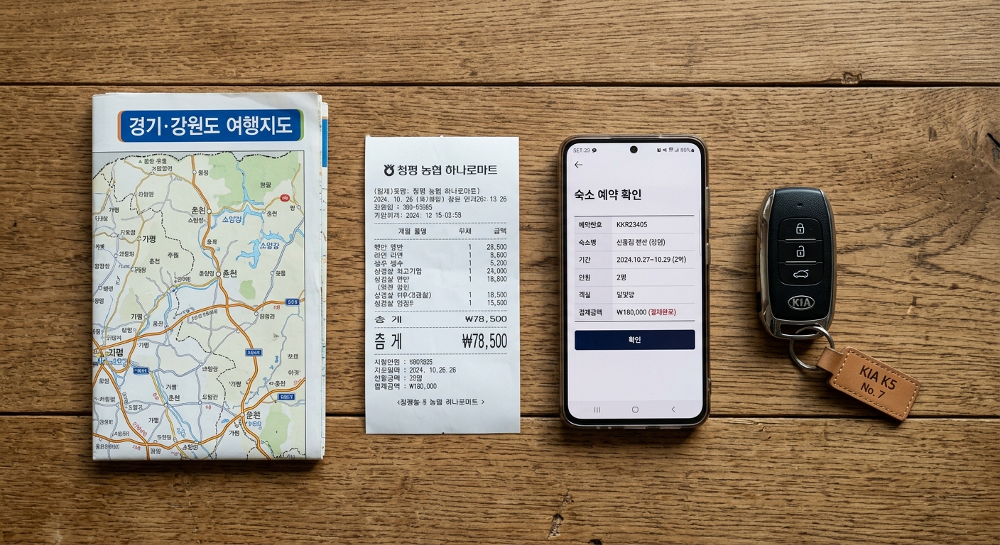 원목 테이블 위를 바로 위에서 내려다본 구도. 종이 영수증 한 장, 화면이 켜진 스마트폰, 차 키, 접힌 지도가 나란히 놓여 있다. 스마트폰 화